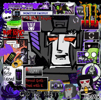 a collage of monster energy drinks stickers and a picture of a transformer
