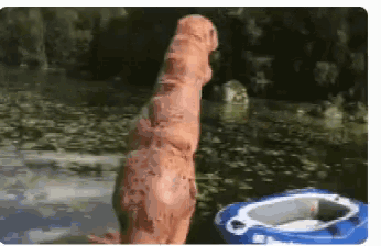 a dog in a t-rex costume standing next to a blue raft in the water