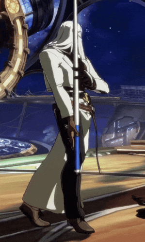 a man in a white robe holds a blue pole