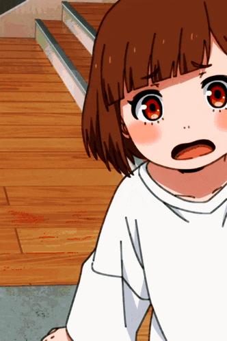 a drawing of a girl with red eyes and a white shirt