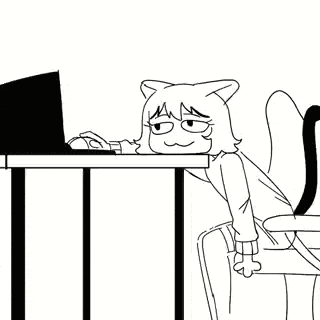 a black and white drawing of a cat girl sitting at a desk looking at a laptop computer .