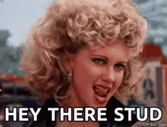 a woman with curly hair is making a funny face and says `` hey there stud '' .