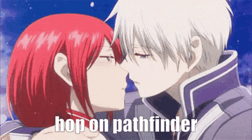 a couple of anime characters kissing with the words hop on pathfinder below them