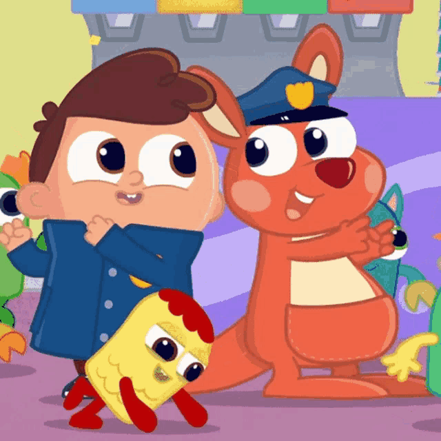 a cartoon of a boy and a kangaroo with a police hat on