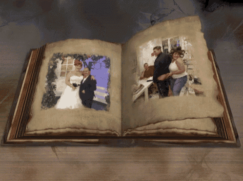 an open book with a picture of a bride and groom on it