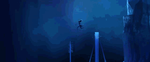 a dark blue background with a few lines and a statue in the middle