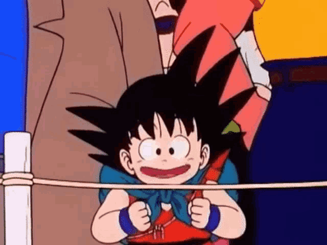 goku from dragon ball z is standing in a boxing ring with a rope around his waist .