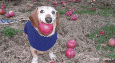 a dog in a blue sweater is holding an apple in its mouth