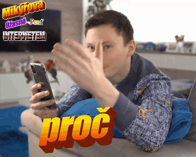 a man is laying on a couch looking at his phone and the word proc is on the bottom left
