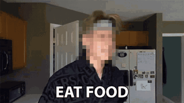 a blurred image of a person with the words eat food below them