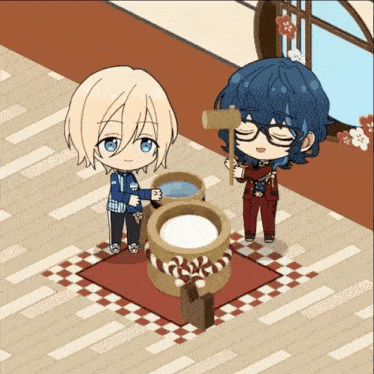 two anime characters standing next to a bucket of water