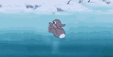 a cartoon rabbit is swimming in a lake .
