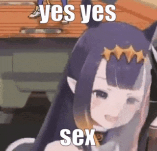 a cartoon girl with purple hair and horns is holding a gun and saying yes yes sex .