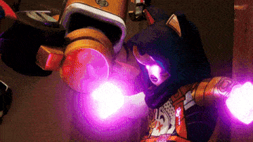 a lego figure with a purple light coming out of his eyes