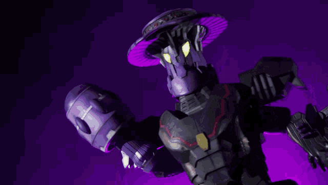 a robot holding a gun standing next to a mushroom with a purple background