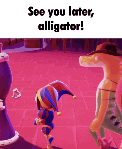 a cartoon character says " see you later alligator " on a pink background