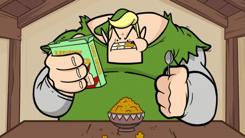 a cartoon drawing of a man eating a bowl of corn flakes