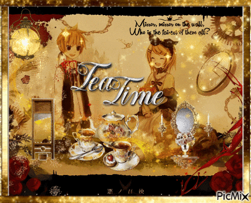 a picture of a boy and girl with the words tea time