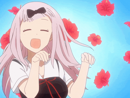 a girl with a bow in her hair is surrounded by flowers