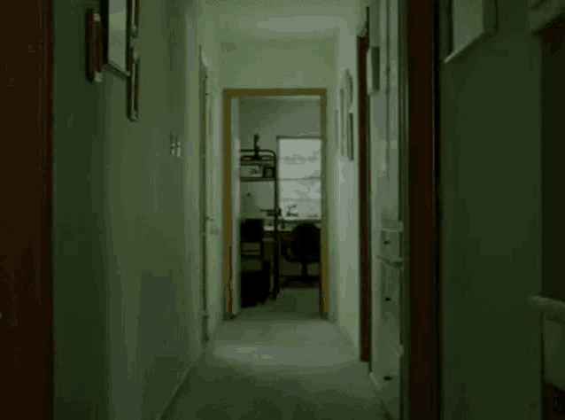 a dark hallway with a bunk bed in the corner and a desk in the other room .