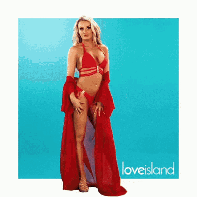 a woman in a bikini and a long red dress is standing in front of a blue background with love island written on it