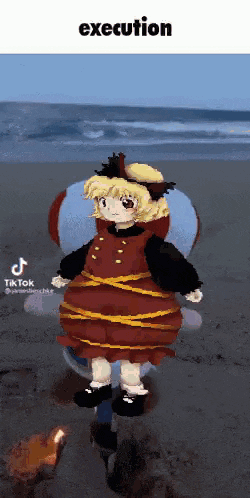 a girl in a red dress is standing on a beach next to a flame and the words execution above her