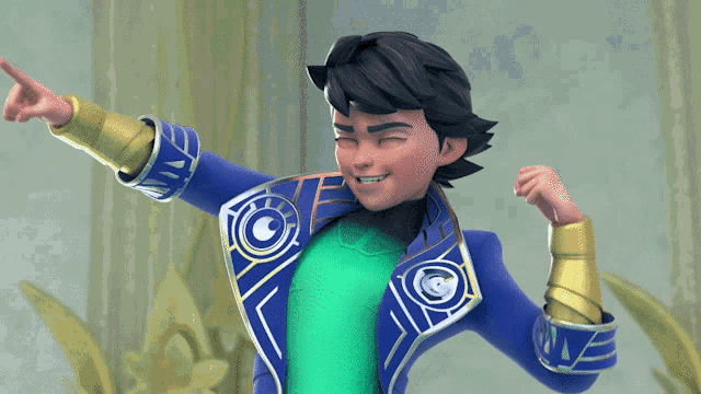 a cartoon character wearing a blue jacket and a green shirt is smiling and pointing