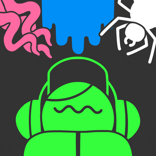 an illustration of a person wearing headphones with a spider and worms behind them