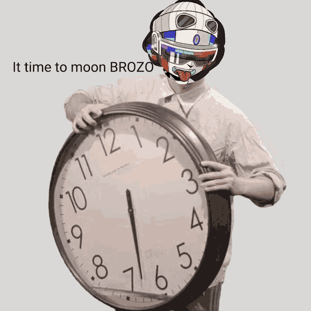 a man holding a clock with the words " it time to moon bozo " written above him