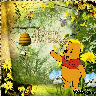 a picture of winnie the pooh with the words good morning written on it