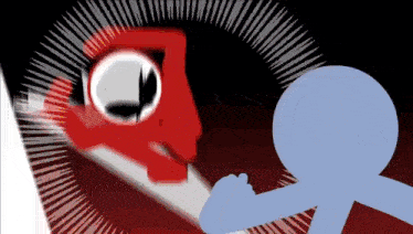 a blue stick figure is standing in front of a red cartoon character .