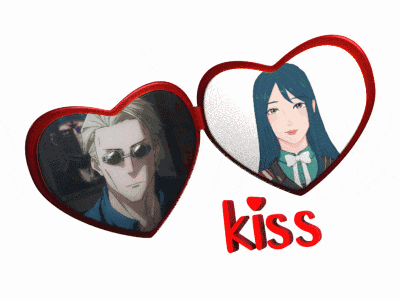 a picture of a man and a woman with the word kiss below