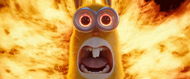 a close up of a cartoon character 's face with a fire background