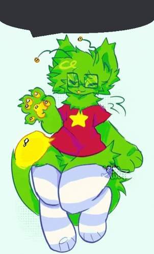 a green furry character wearing a red shirt with a star on it and striped socks .