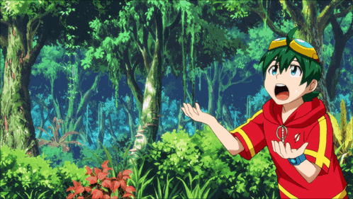 a boy in a red and yellow shirt with a watch on his wrist stands in a forest