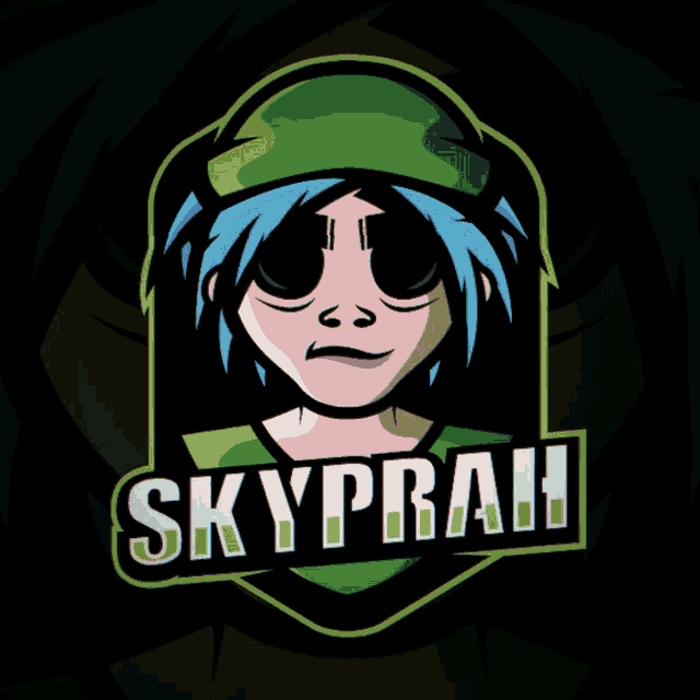 a logo for skyprah shows a girl with blue hair and a green hoodie