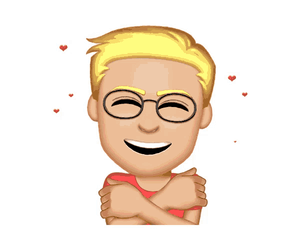 a cartoon man with glasses and a red shirt is smiling
