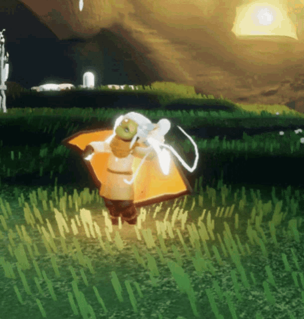 a cartoon character is standing in a field with a blanket on his back
