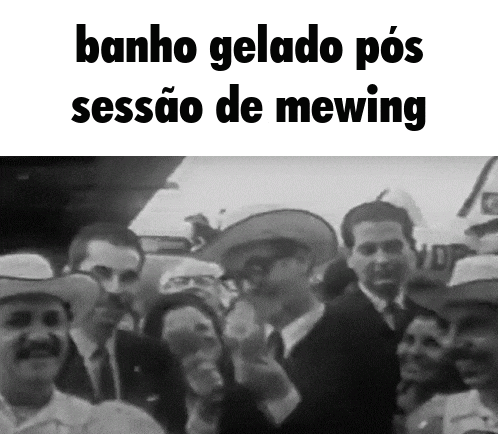 a black and white photo of a group of people with the words banho gelado pos sessão de mewing