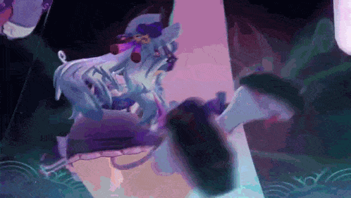 a cartoon character is flying through the air in a purple and blue background .