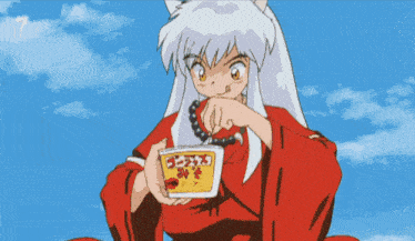 a cartoon character is eating a bowl of food with a blue sky in the background