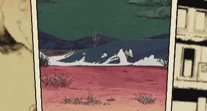 a pixel art painting of a desert with mountains in the background .