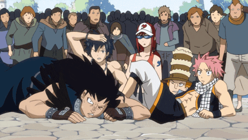 a group of anime characters are laying on the ground with one wearing a hat that says s on it