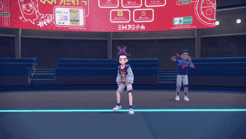 a boy with purple hair is standing in front of a sign that says emes