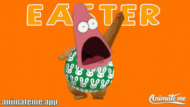 a cartoon character with a surprised look on his face and the words easter party