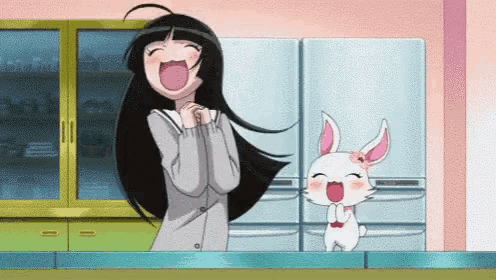 a girl is laughing next to a rabbit with pink ears
