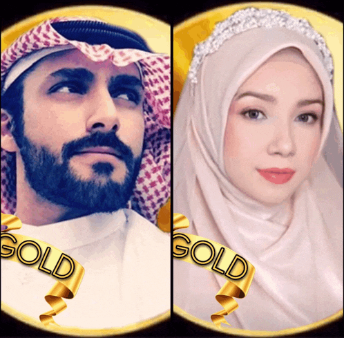 a man and a woman with gold ribbons around their faces