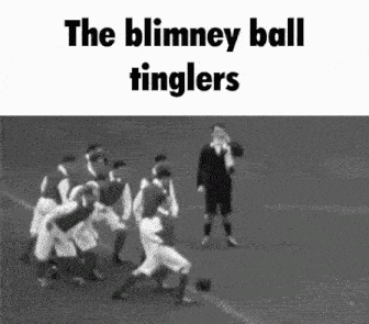 a black and white photo of a soccer game with the words the blimmey ball tinglers above it