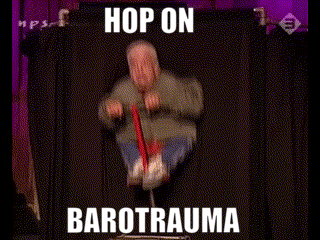 a man is jumping in the air with the words hop on barotrauma written on the bottom