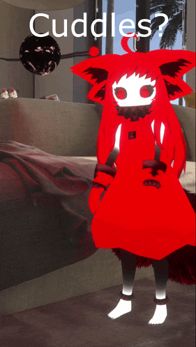 a red cartoon character is standing next to a couch with the words cuddles below her